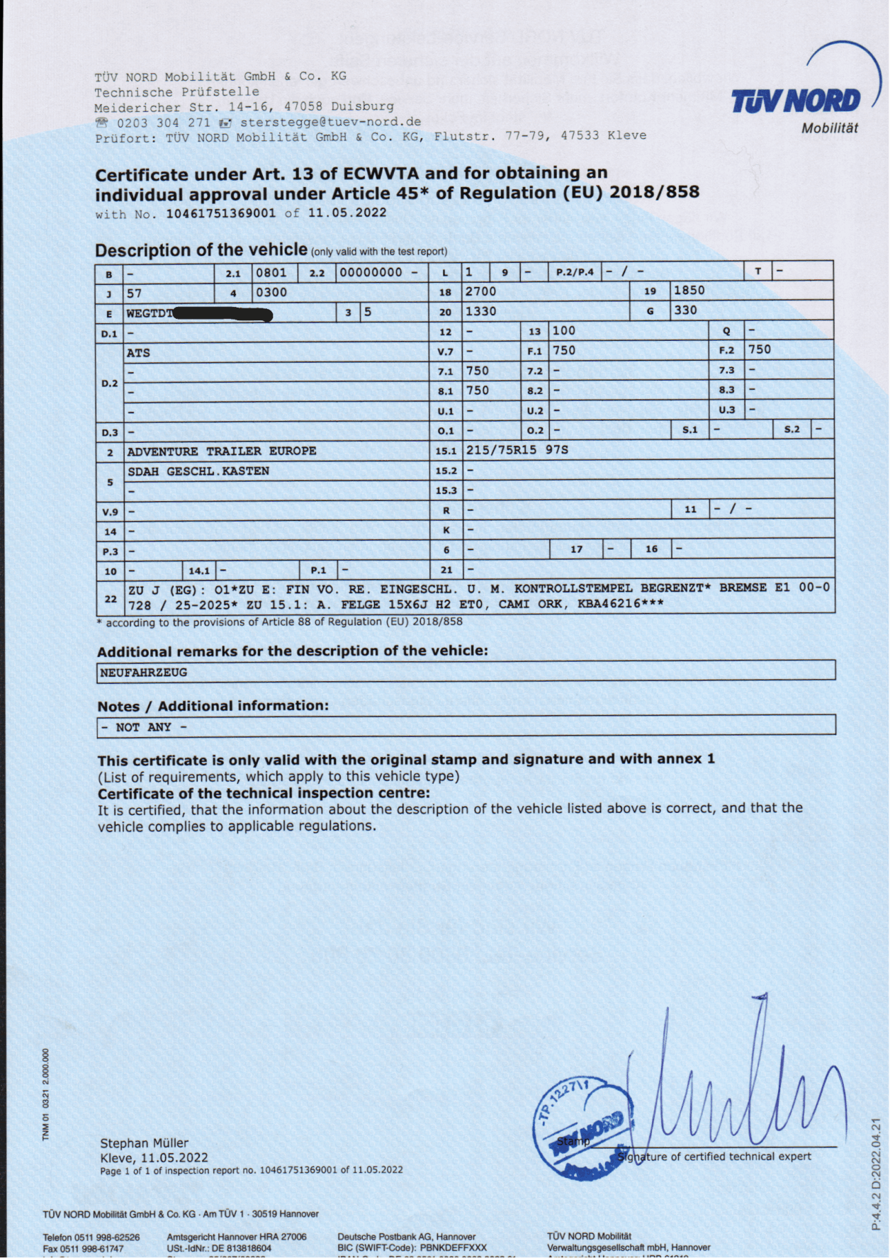 Sample Certificate 750 KG custom trailer